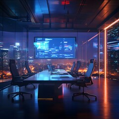 Futuristic Office Workspace with Holographic Displays and AI Integration