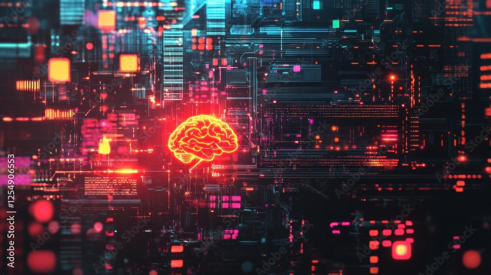 Fototapete abstract digital brain with glowing circuits and wires in a futuristic cyber environment with vibran