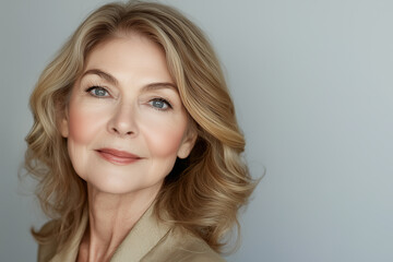 Naklejka premium Mature woman face skincare glow, beautiful senior woman with grey hair, isolated on a white background. Beauty cosmetic, skincare, facial treatment, wellness and healthy lifestyle concept. 