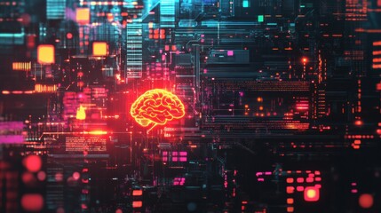 Fototapeta premium Abstract digital brain with glowing circuits and wires in a futuristic cyber environment with vibrant colors. Generative AI