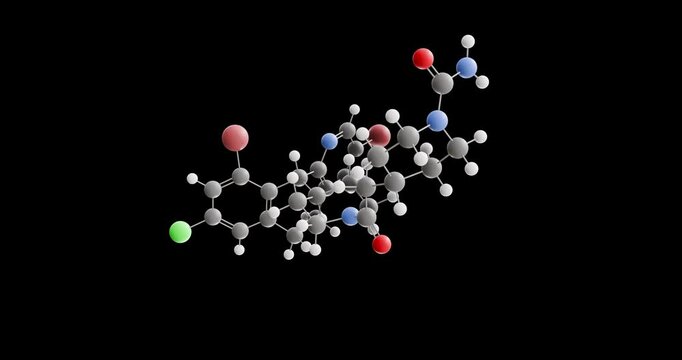 Lonafarnib molecule, rotating 3D model of farnesyltransferase inhibitor, looped video on a black background