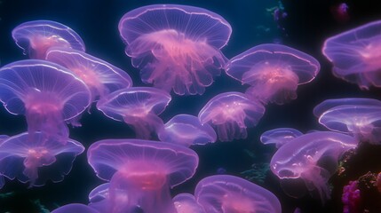 Obraz premium Bioluminescent Jellyfish Dance Underwater Display of Moon Jellies Glowing in Dark Sea Environment