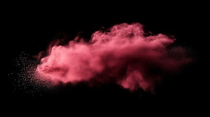 red powder burst, ethereal pink cloud, black void backdrop, dynamic particle movement, suspended dust storm, fine powder texture, dramatic color spread, atmospheric depth