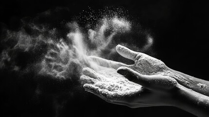hands throwing flour cloud, white powder explosion, dark backdrop, culinary action shot, dramatic powder burst, baking preparation, dynamic motion capture, monochromatic composition