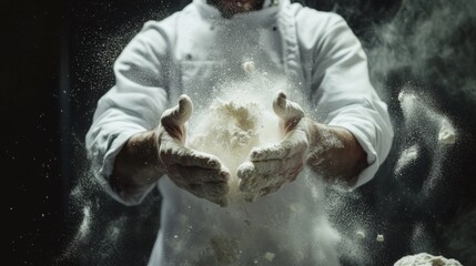 floating flour particles, white sleeves baker, dark background, powder burst motion, suspended dust effect, culinary photography, dynamic movement, high speed capture