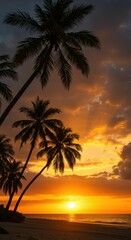 Obraz premium Tropical beach sunset with silhouetted palm trees and golden sky