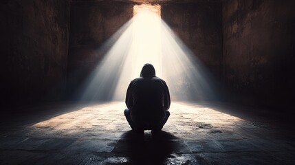 Hooded figure meditating in dim light, hope, spiritual journey, grunge background, conceptual photography