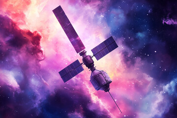 Geometric spacecraft emits watercolor nebula trails through the cosmos in vibrant sci-fi artwork