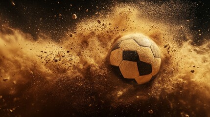 Fototapeta premium sports ball collision, desert sand explosion, black void background, suspended powder particles, dynamic sand burst, high contrast photography, golden dust cloud