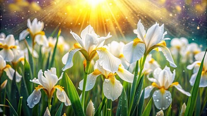Stunning Drone Shot: White Irises with Yellow, Rain Drops, Aerial View