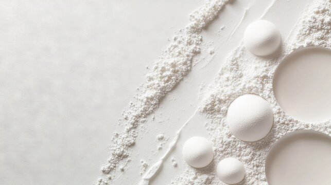 Fine cornstarch powder circle detail, gentle scattered edges, cosmetic product flatlay, pure white backdrop, high-end beauty photography, soft diffused lighting
