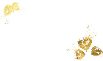 Golden Heart Elements. Sparkling dust particles. Gold sparkle splatter border. Gold Foil Frame Gold stroke on transparent background for wedding invitation.