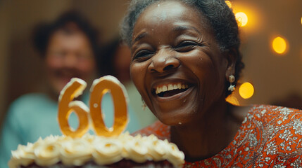 Cheerful woman celebrating her 60th birthday with a cake surrounded by friends in a joyful gathering