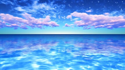 Obraz premium Calm Ocean Horizon Dreamscape with Stars and Pink Clouds Reflection Serene Aquatic Vista