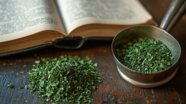A silver measuring cup filled with green herbs beside a book, suggesting culinary or herbal knowledge.