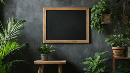Blackboard hanging on a wall in room  with table and chairs with copy space for text