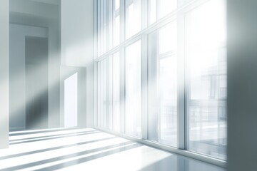 Obraz premium Modern, empty, bright, spacious hallway with large windows, sunlight streaming in.