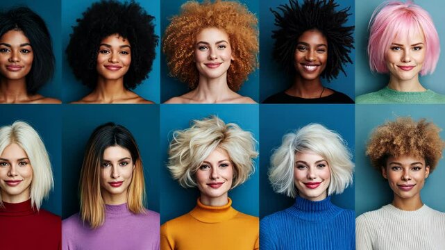 Group of women with different hair colors and styles. The image is a collage of different women's faces, showcasing the diversity of hair types and styles. Scene is one of celebration