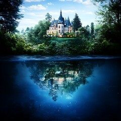 Obraz premium Castle Amidst Serene Waters Reflecting Historic Architecture and Natural Lushness and Tranquil Setting
