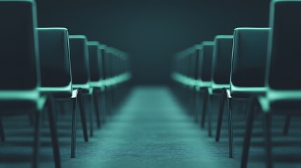 Fototapeta premium A row of empty chairs creates a sense of anticipation and depth, leading the viewer's eye into a dimly lit space.