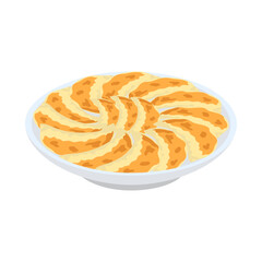 円盤型に並べて焼かれた餃子。フラットなベクターイラスト。
Gyoza grilled in a disc shape. Flat vector illustration.