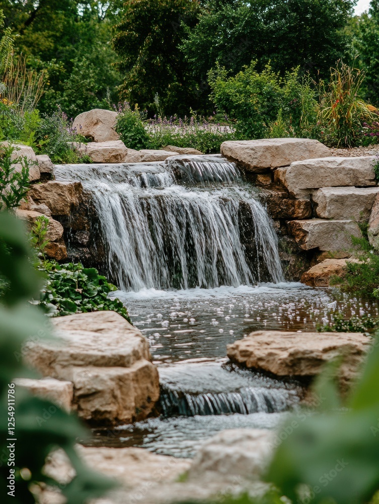 Poster flowing water cascades over natural stone steps in a serene garden setting during daytime. generativ