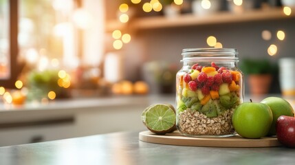 Granola parfait in glass jar with apples and berries in cozy kitchen. Healthy snack