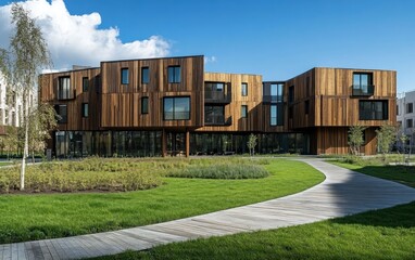 Obraz premium Modern Wooden Apartment Building with Landscaped Grounds
