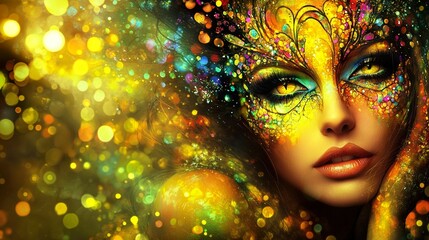 Woman with neon UV makeup and colorful face patterns, glowing softly; abstract artistry blending light and identity.
