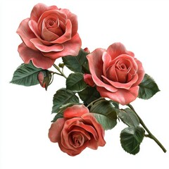 Naklejka premium Beautiful bouquet of three vibrant pink roses with lush green leaves on a soft white background