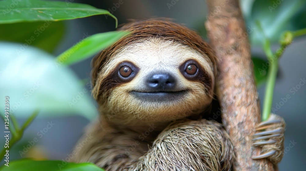 Poster curious sloth smiles while clinging to a branch amid lush green foliage in its natural rainforest en