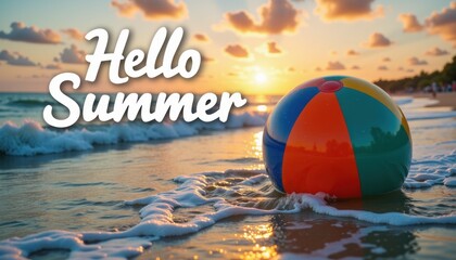 Beach ball on wet sand with "Hello Summer" text at sunset by the ocean waves
