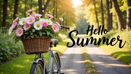 Bicycle with flower basket and "Hello Summer" text on a sunny forest path