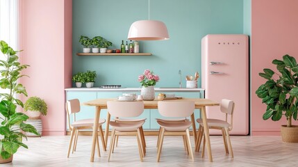 Obraz premium Empty dining table with chairs in a modern pastel-themed kitchen, sleek and stylish design, spacious and bright atmosphere