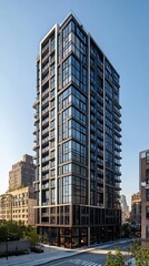 Fototapeta premium Modern skyscraper rises in a clear blue sky over urban landscape in New York City