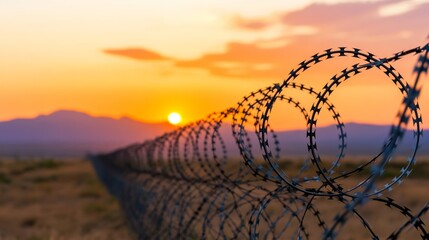 Barbed wire fence winding along the rugged Mexican border with distant mountains and dry scrubland under a vibrant orange sunset 