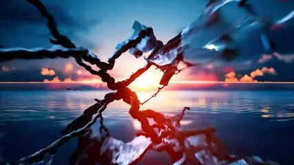 A broken chain link forming an infinity symbol, set against a colorful sunset over water, symbolizing disruption or change.