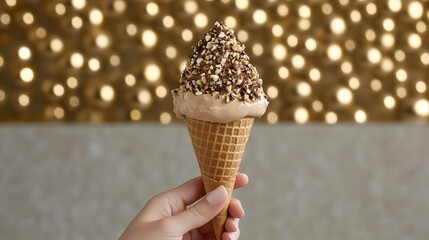 Chocolate dipped gelato cone sprinkled with hazelnuts held by a hand in front of a classic Italian piazza backdrop 