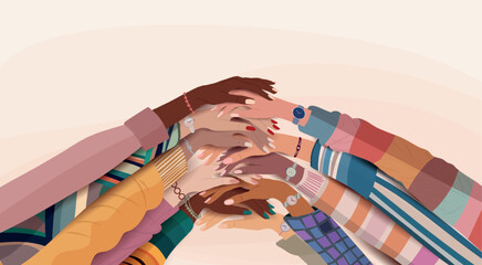 Hands stacked group of multicultural women.Diversity - inclusion - equality or empowerment. International women s day. Banner copy space