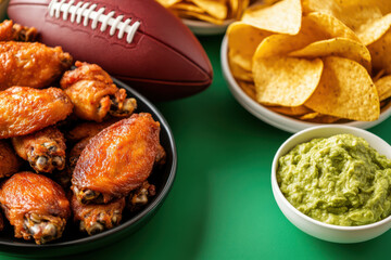 Overhead view of an American football with snacks for the match