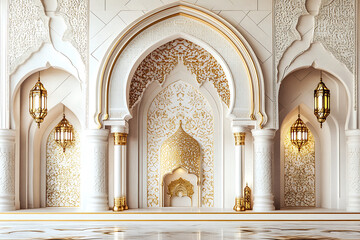 Photo Luxurious Islamic Arch  Lanterns on Elegant White Gold Background
