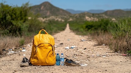 Discarded backpacks water bottles and shoes scattered along a desert trail symbolizing the hardship of migrants crossing the border 