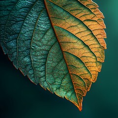 Extreme close up of the texture of a leaf highlighting its intricate veins and gradients of green and yellow