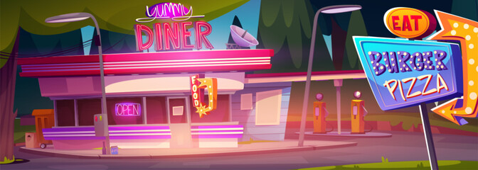 Roadside diner building near gas station. Vector cartoon illustration of fast food restaurant facade, eat pizza burger banner, open sign on cafeteria window glass, american style bistro on highway