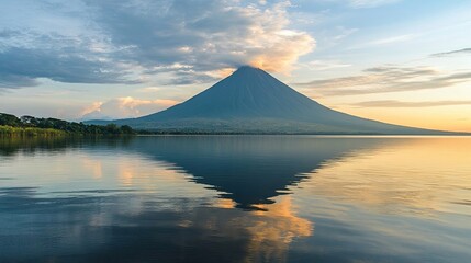 Volcanic mountain reflecting in calm lake waters at sunrise.