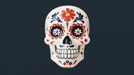 Elegant Day of the Dead sugar skull in red white and blue colors blending Mexican folklore with American patriotic aesthetics isolated on a dark gradient background 