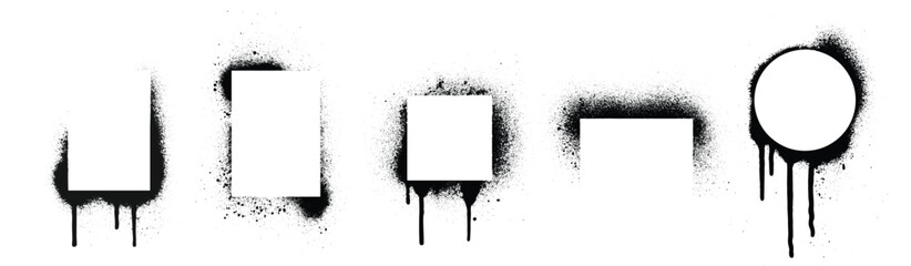 Black spray stencils set isolated on white background. Vector realistic illustration of rectangular, square, round paint splatter borders, airbrush silhouette, grungy street art frames with ink drips © klyaksun