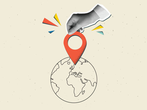 Hand puts a red pin location marker a planet Earth. Modern collage style. Vector illustration