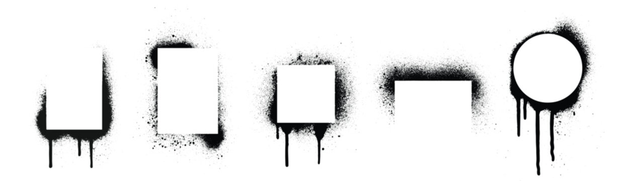 Black spray stencils set isolated on white background. Vector realistic illustration of rectangular, square, round paint splatter borders, airbrush silhouette, grungy street art frames with ink drips