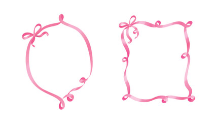 Pink ribbon frames set isolated on white background. Vector realistic illustration of silk lace swirls tied in coquette bows, elegant design elements for fancy wedding, birthday, party invitation card